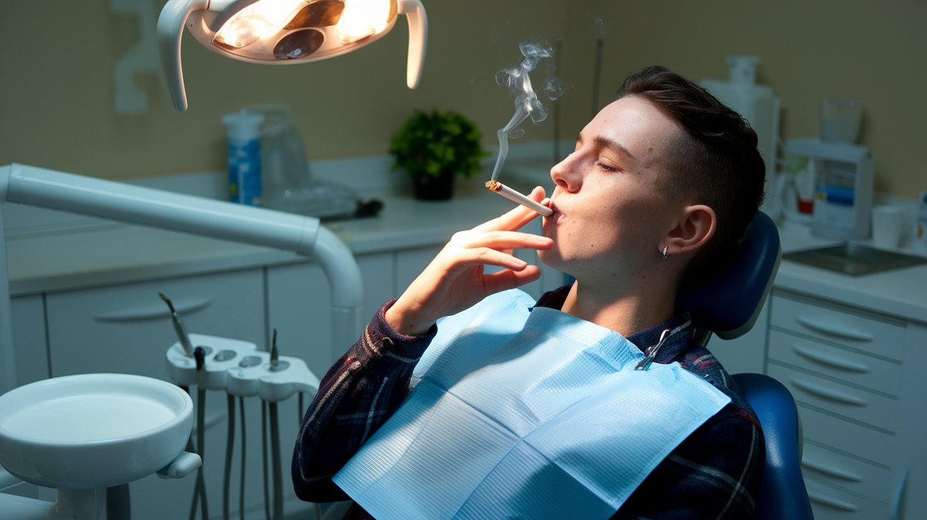 A person smoking at the dentist